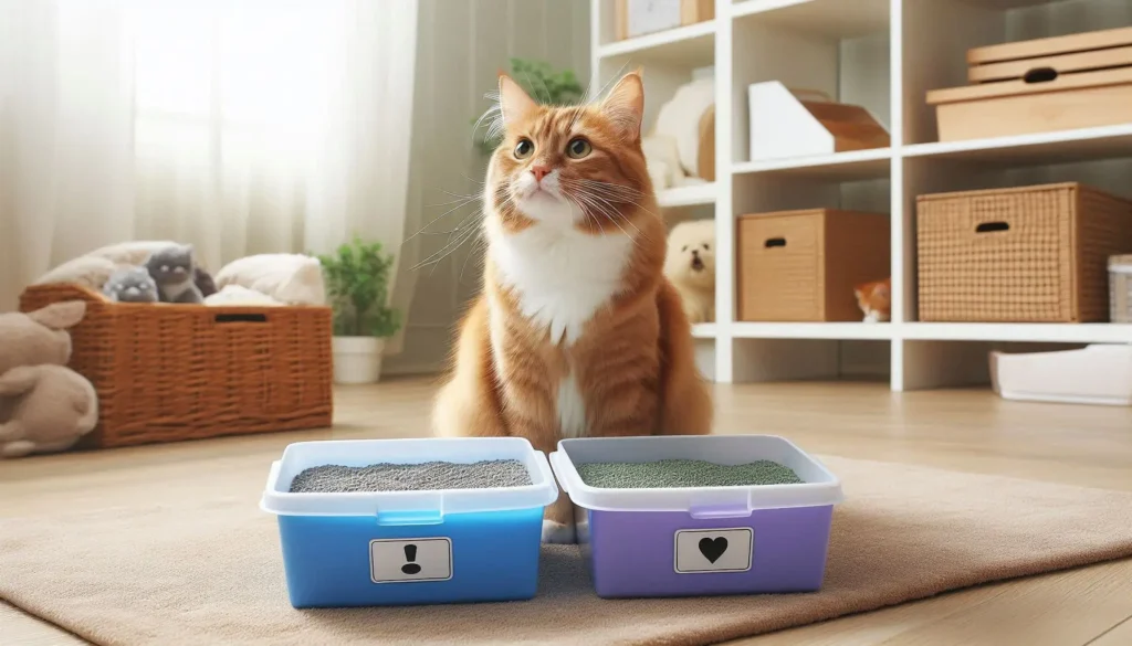 A cat next to 2 Litter Boxes trying to choose the best